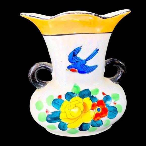 Vintage Art Pottery Vase Japan Hand Painted Luster Ware vase Bird Flowers 5”T 4W - Picture 6 of 8
